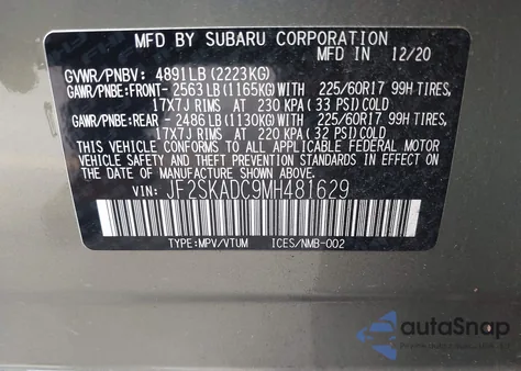 2021 Subaru Forester z USA, uszkodzony, nr VIN JF2SKADC9MH481629
